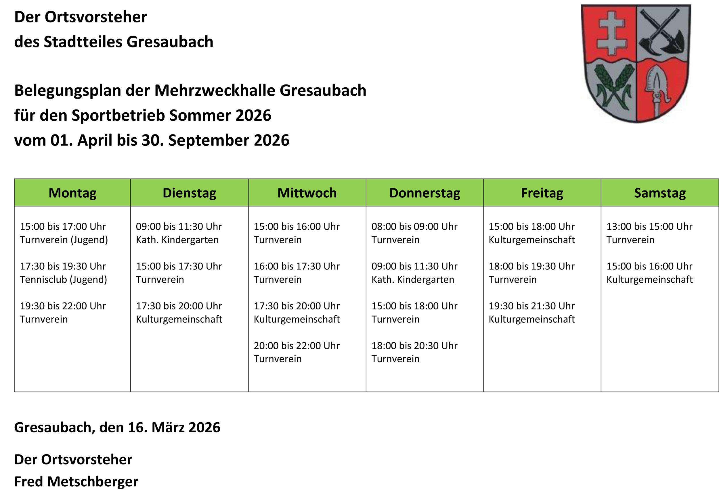Belegungsplan Sommer 2026